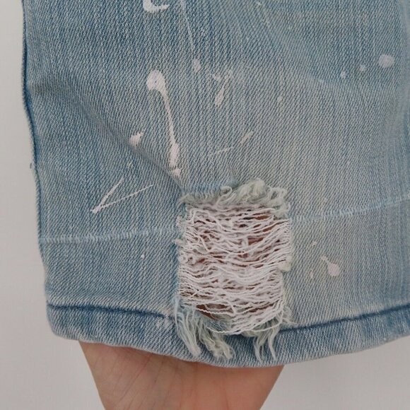 Refuge Juniors 1 Light Blue Distressed Paint Splatter Denim Jean Mini Skirt Y2K - Picture 3 of 11